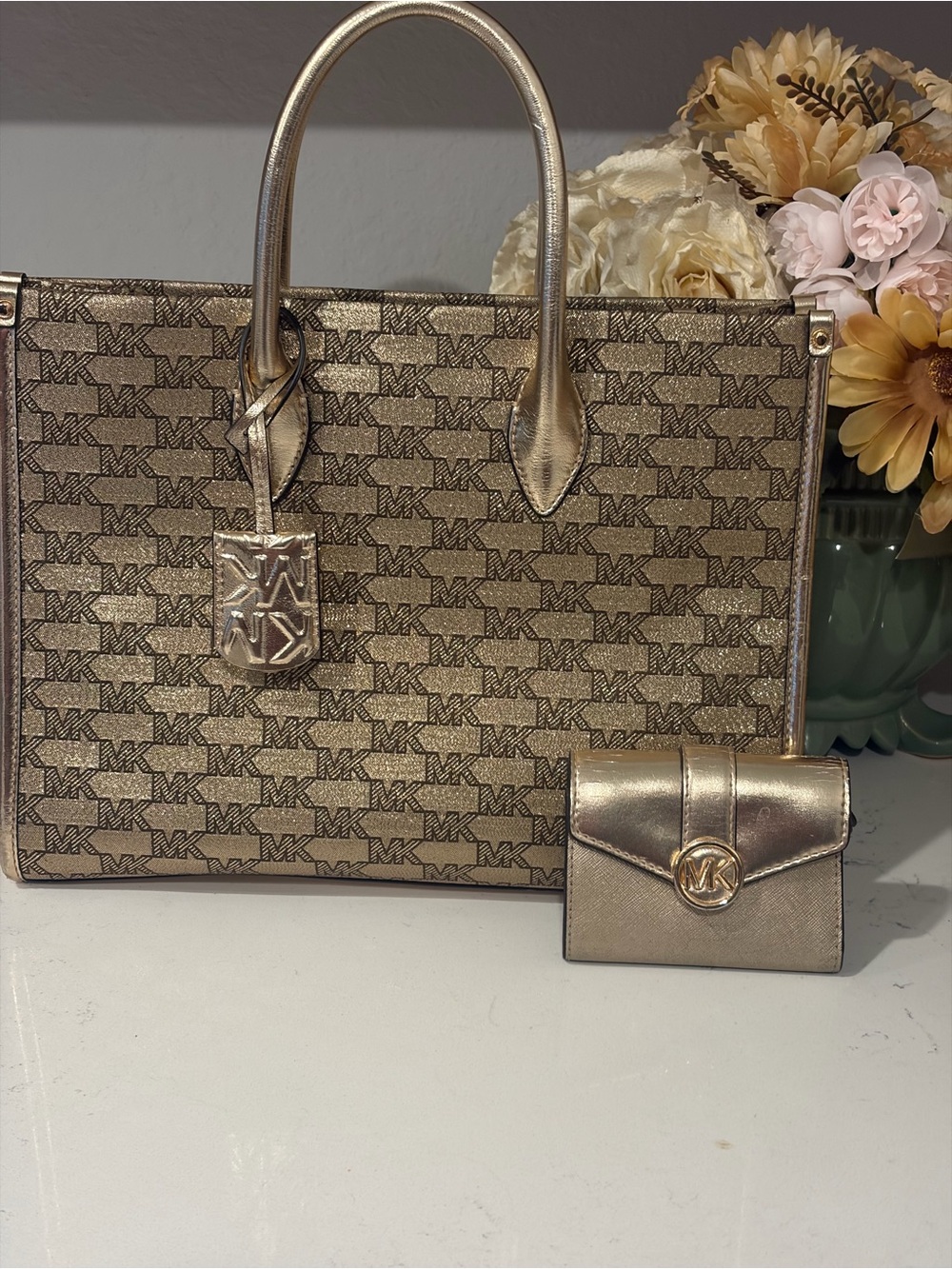 Michael Kors Metallic Gold Logo Tote with Matching Wallet
